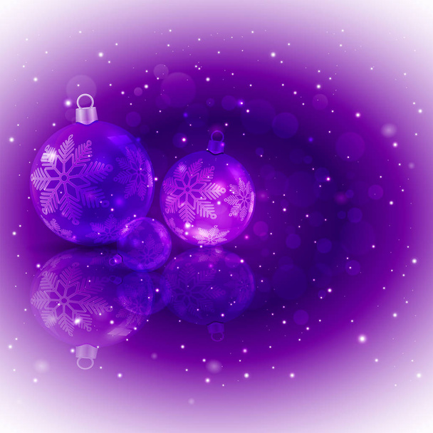 Projekt światła purpurowy kolor z zestawem błyszczące bombki z płatki śniegu. - Wektor, obraz
