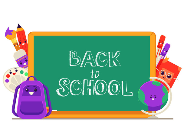 Vector illustration of school items cartoon characters with cute smiling faces around blackboard. - Vector, Image