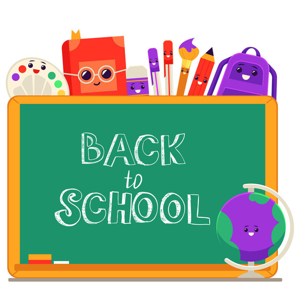 Back to school vector illustration - welcome banner with school supplies cartoon characters with cute smiling faces around blackboard with chalk sign isolated on white background. - Vector, Image
