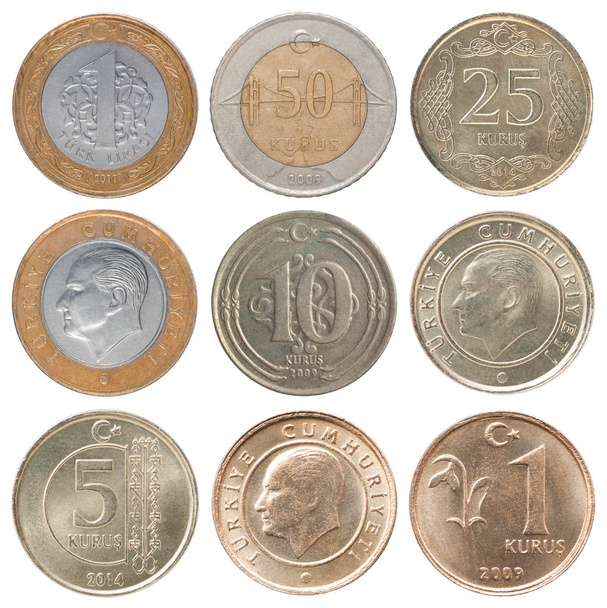 Serie completa di monete in lira turca e Kurus su sfondo bianco
 - Foto, immagini