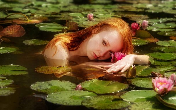 Нежная молодая сексуальная рыжая женщина Офелия плавает чувственно соблазнительно в воде, озере, пруду, болоте и играет с розовыми лилиями воды
. - Фото, изображение