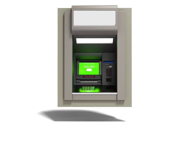 ATM moderno incluso con schermo verde rendering 3d su sfondo bianco con ombra
 - Foto, immagini