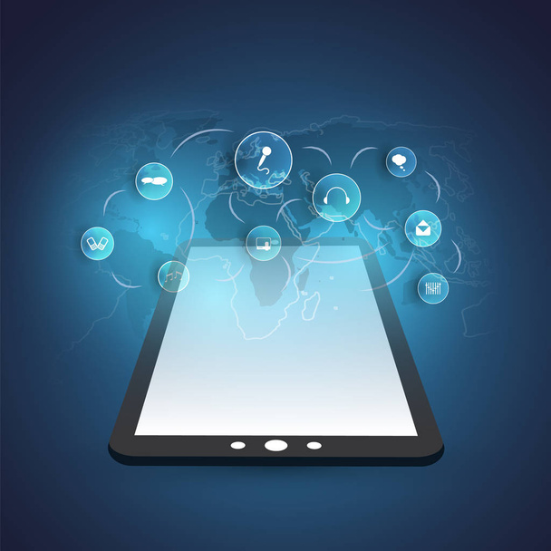 Digitaaliset verkkoyhteydet, Mobile Technology Background - Cloud Computing Design Concept with World Map, Tablet PC, Mobiililaite ja kuvakkeet edustavat erilaisia medioita ja palveluja
 - Vektori, kuva