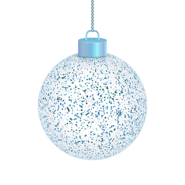 Vector realistic illustration. Beautiful hanging Christmas toy isolated on white background. Amazing sparkled, transparent, glass and crystal ball in blue, silver and white colors. - Vetor, Imagem