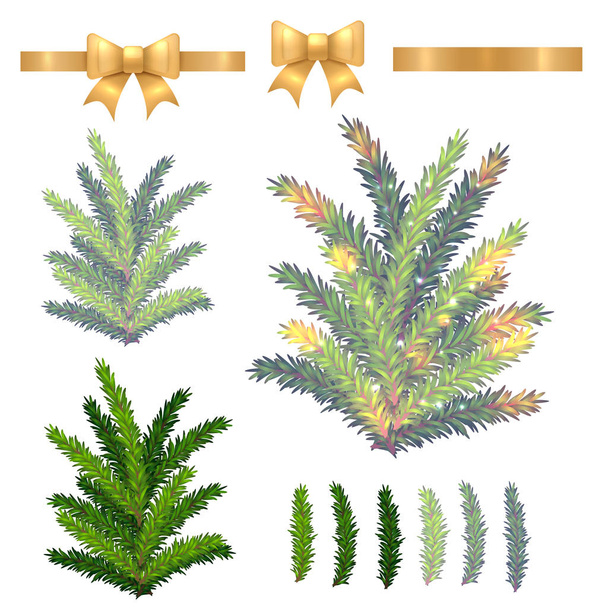 Amazing vector illustration. Set of Christmas and New Year objects for any holiday design. Beautiful collection of green and shining blue fir tree branches and silk golden ribbons isolated on white. - Vektör, Görsel