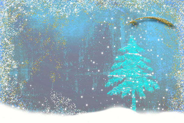 Tarjetas de felicitación navideñas, dibujo abstracto a mano alzada de abeto con purpurina, fondo grunge con espacio para copiar
. - Foto, imagen