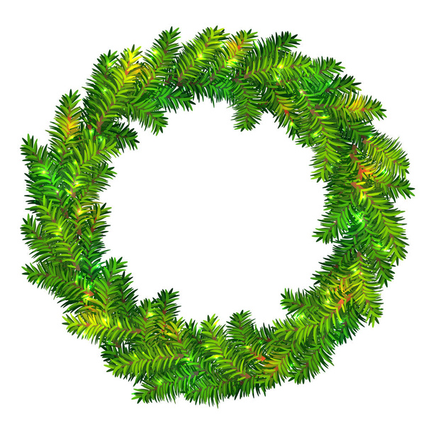 Beautiful vector Christmas wreath made of green fir tree branches with shiny sparkles isolated on white background. Traditional Xmas garland for holiday designs, banners, flyers, invitations, etc. - Vektori, kuva