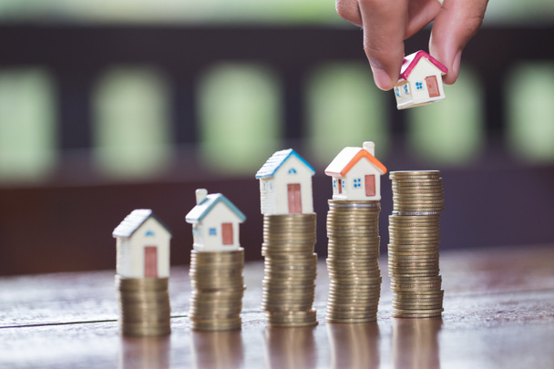 Woman hand hold a  home model put on the stack coin with growing, Savings money for buy house and loan to business investment for real estate concept. - Photo, Image