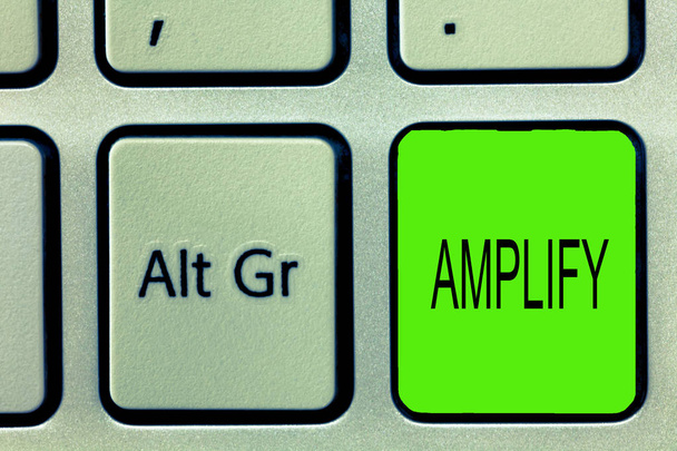Writing note showing Amplify. Business photo showcasing Make something bigger louder increase the volume using amplifier - Photo, Image
