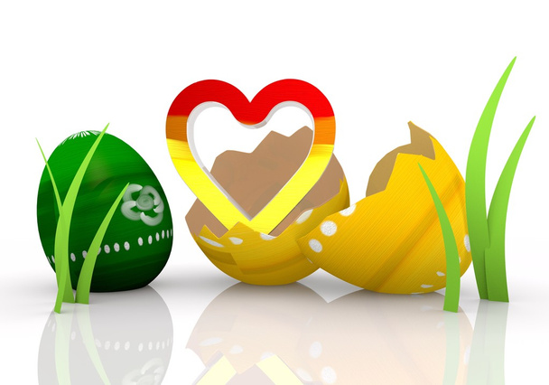 Colorato simbolo del cuore grafico 3D in un uovo di Pasqua rotto
 - Foto, immagini