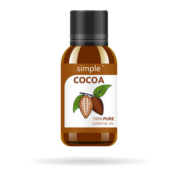 Realistische bruine glazen fles met cacao extract. Schoonheid en cosmetica olie - cacao. Product label en logo sjabloon. Geïsoleerde vectorillustratie. - Vector, afbeelding