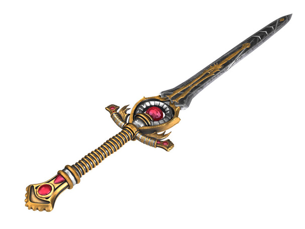 Dlouhá fantasy meč s červeným kamenem na izolované pozadí. 3D obrázek - Fotografie, Obrázek