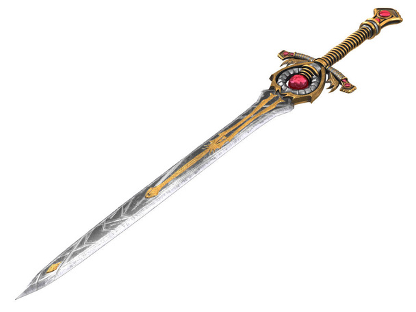 Hosszú fantasy kard egy elszigetelt háttér piros kővel. 3D-s illusztráció - Fotó, kép