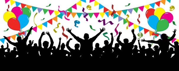 Cheerful people having fun celebrating. Crowd of fun people on party, holiday. Balloons, ribbons. Festive mood of people. Applause people hands up. Silhouette Vector Illustration - Vector, Image