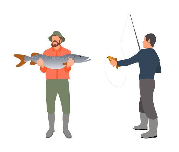 Fisherman with fishing rod and fish vector sketch - Вектор, зображення