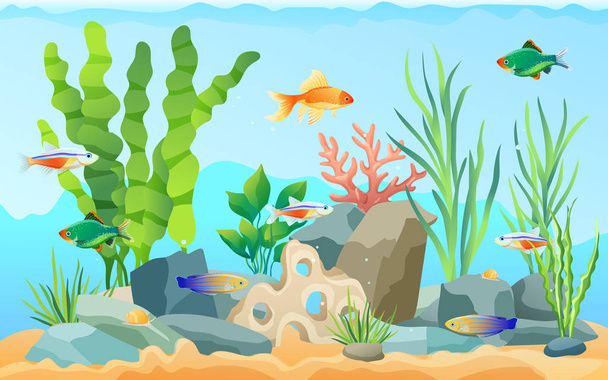 Hand drawn aquarium with fish and seaweed icons - Vector, afbeelding
