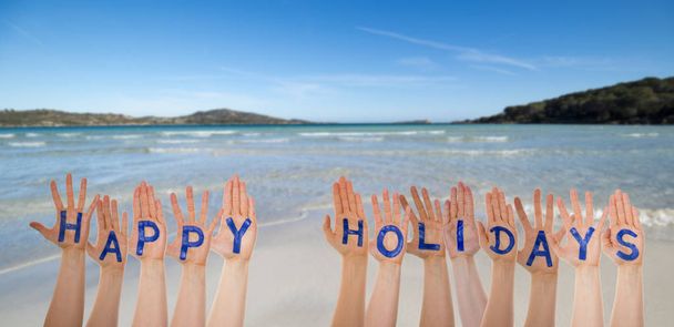 Many Hands Building Word Happy Holidays, Beach And Ocean - Foto, Imagen
