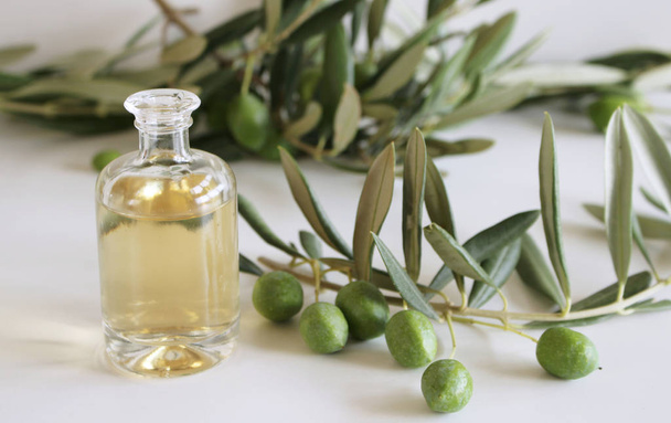 Fresh Organic Olive Oil with bunch of olives and greenery on a isolated on a white background. Concept healthy lifestyle,burred background. - Foto, Imagen