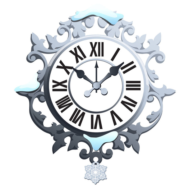 Vintage snowy wall clock with ornate dial and snowflake isolated on white background. Sample of Christmas and New year greeting card, festive poster or party invitations. Vector illustration. - Vektori, kuva