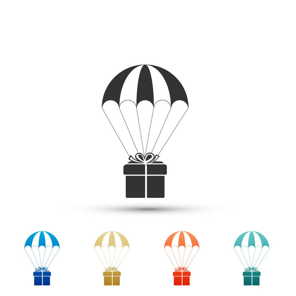 De doos van de gift vliegen op parachute pictogram geïsoleerd op een witte achtergrond. Bezorgservice, lucht verzending concept, bonus concept. Set elementen in gekleurde pictogrammen. Platte ontwerp. Vectorillustratie - Vector, afbeelding