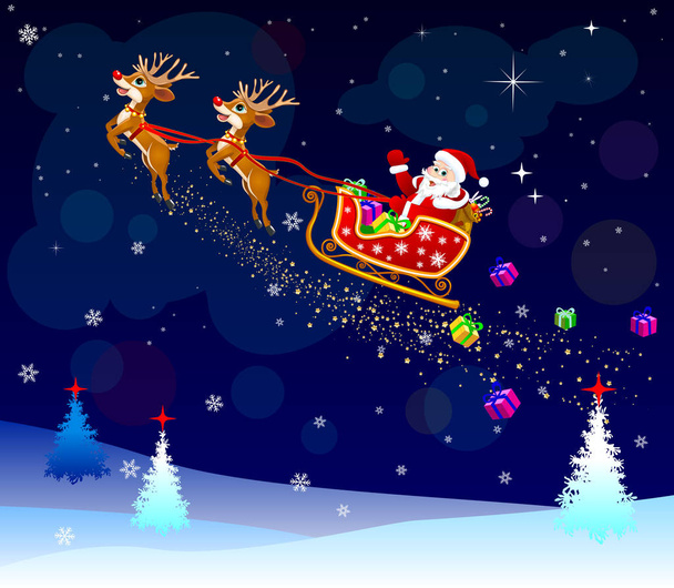Санта с подарками на санях
  - Вектор,изображение