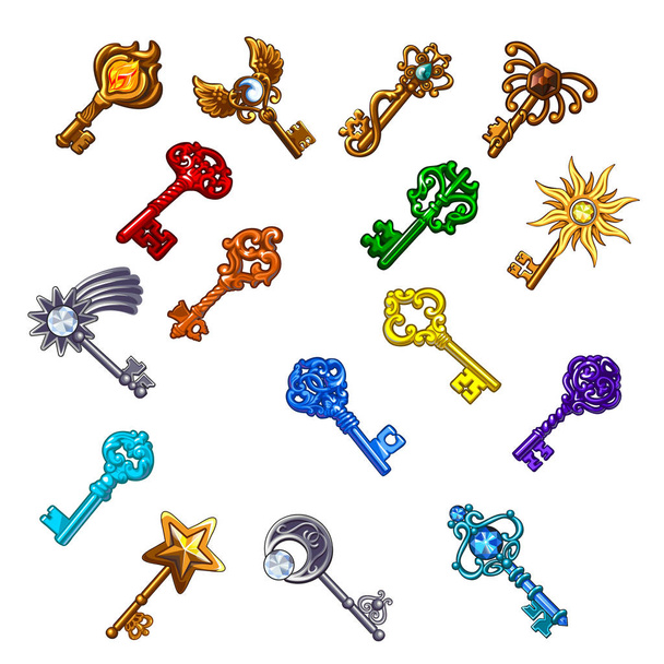 Set of vintage multicolored keys isolated on white background. Vector cartoon close-up illustration. - Vektör, Görsel
