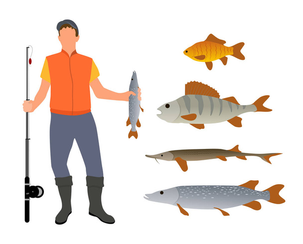 Fisherman Model and Fish Variety Poster - Вектор, зображення