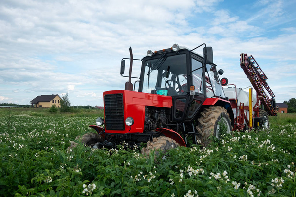 red tractor in the field sprays plants - Fotoğraf, Görsel