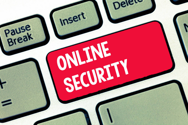 Escritura a mano de texto Seguridad en línea. Concepto que significa reglas para proteger contra ataques a través de Internet
 - Foto, imagen