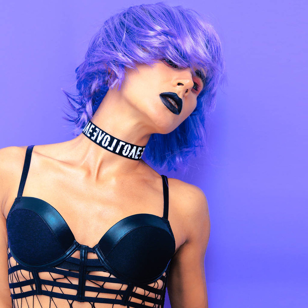 Sensual model with purple hair. Night party outfit. Freak vibes - Φωτογραφία, εικόνα