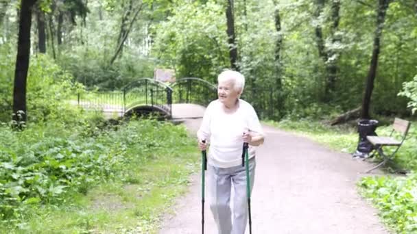 grootmoeder wandelingen met Nordic walking stokken oud grijs - Video