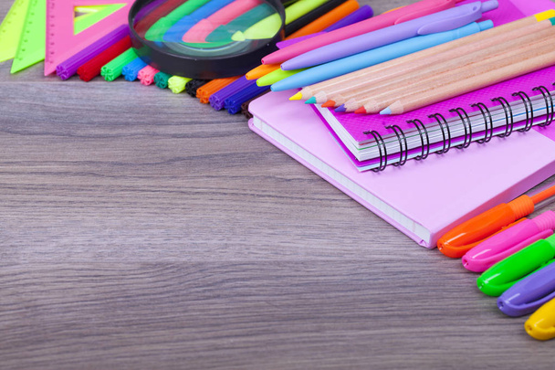 School Supplies on a dark background and place for text, selective focus and small depth of field - Фото, зображення