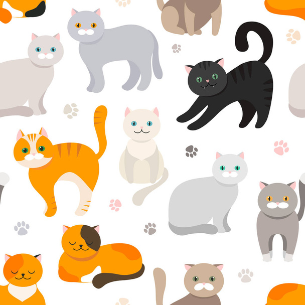 Cat background, seamless pattern. Vector flat illustration. Kitty, Pets. Exotic and ordinary cats. Cartoon. - Wektor, obraz