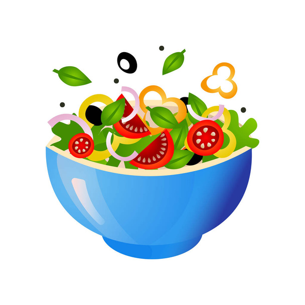 Green fresh salad of their various tasty vegetables in color bowls. Vector illustration isolated on white background. - Wektor, obraz