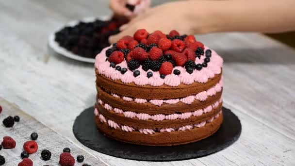 cukrász díszíti egy torta bogyók. - Felvétel, videó