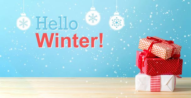 Hello winter message with Christmas gift boxes - Фото, зображення