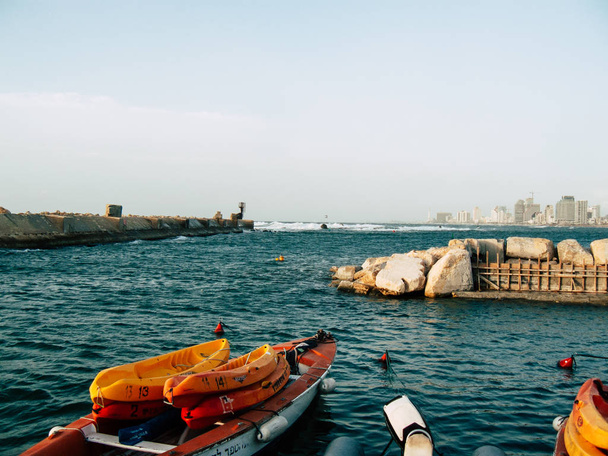 Tel Aviv Yafo Israel October 25, 2018  View of the Old Jaffa port, It serves as a fishing and yacht harbor located in the southern part of Tel Aviv in the afternoon - Photo, Image