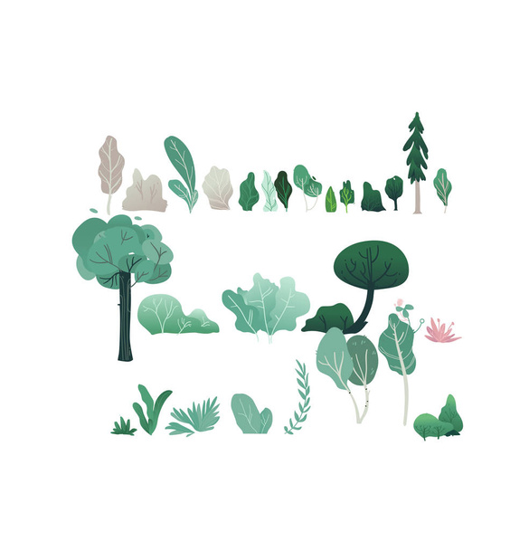 Фантастичний ліс Векторні ілюстрації набір з різними деревами і чагарниками з зеленим і сірим листям
. - Вектор, зображення