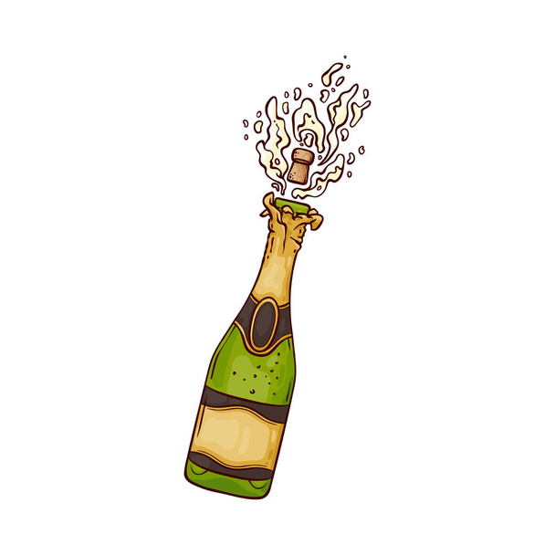 Ilustración vectorial de botella de champán con tapón y explosión de bebida gaseosa de alcohol dorado
. - Vector, Imagen