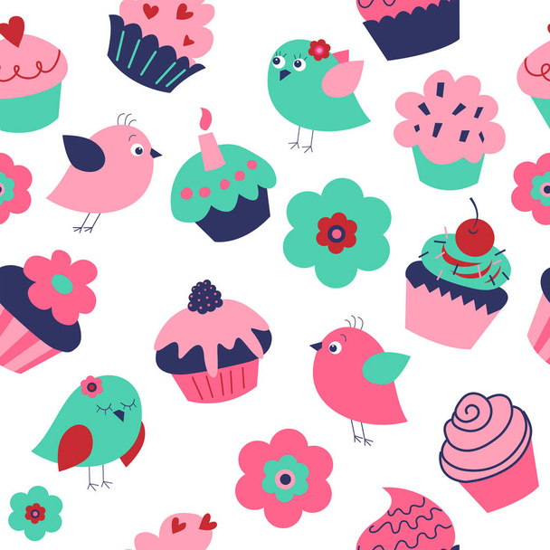 Seamless holiday texture with a birds and cupcakes - Vector, Imagen
