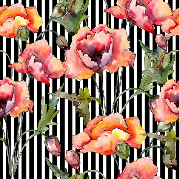 Watercolor red bouquet of poppy flower. Floral botanical flower. Seamless background pattern. - Fotó, kép