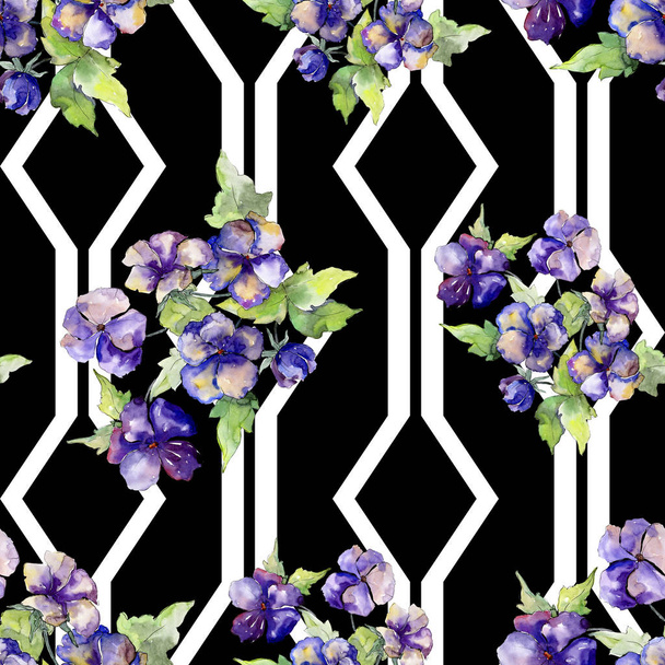 Akwarela bukiet fioletowy kwiat viola. Botaniczny kwiat kwiatowy. Bezszwowe tło wzór. - Zdjęcie, obraz