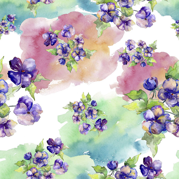 Watercolor purple bouquet of viola flower. Floral botanical flower. Seamless background pattern. - Photo, Image