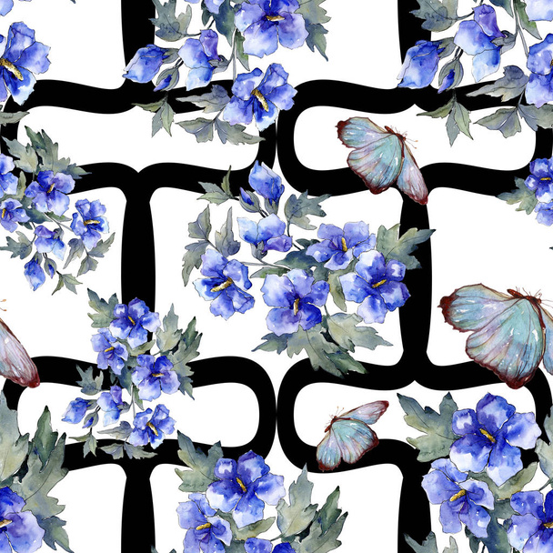 Watercolor blue bouquet of poppy flower. Floral botanical flower. Seamless background pattern. - Foto, imagen