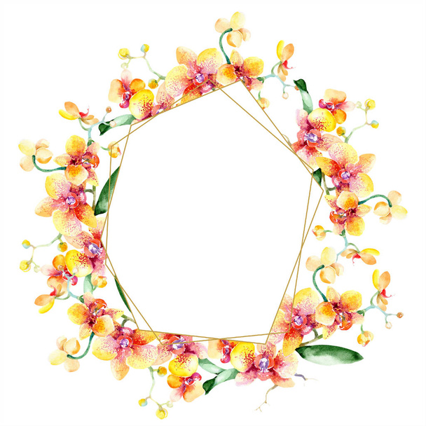 Aquarel oranje boeket van de orchideebloem. Floral botanische bloem. Frame grens ornament vierkant. - Foto, afbeelding