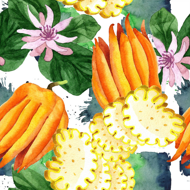 Egzotikus trópusi növény vadon termő gyümölcsök elszigetelt akvarell stílusú. Varratmentes háttérben minta.  - Fotó, kép