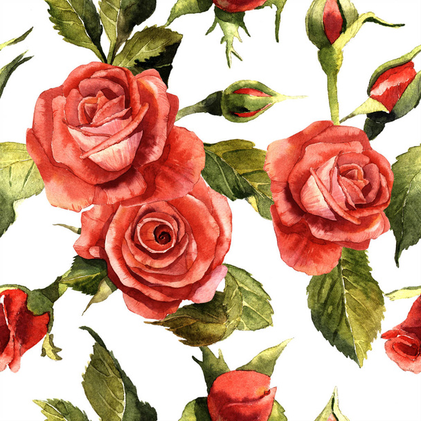 Watercolor red rose flower. Floral botanical flower. Seamless background pattern. - Фото, изображение
