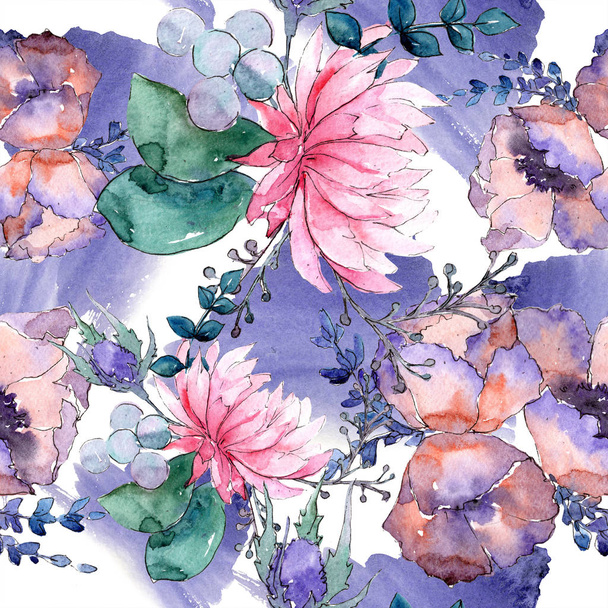 Watercolor colorful bouquet of mix flowers. Floral botanical flower. Seamless background pattern.  - Photo, Image