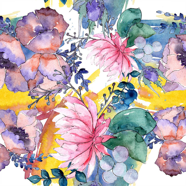 ミックス花の水彩画のカラフルな花束。花植物の花。シームレスな背景パターン.  - 写真・画像