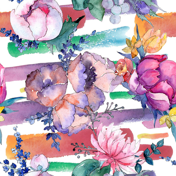 Ακουαρέλα πολύχρωμο μπουκέτο λουλούδια μίγμα. Floral βοτανικό λουλούδι. Απρόσκοπτη υπόβαθρο μοτίβο.  - Φωτογραφία, εικόνα